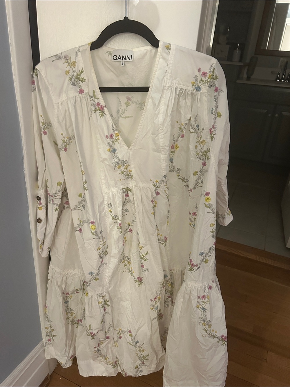 Ganni Cream Floral V-Neck Tiered Midi Dress
